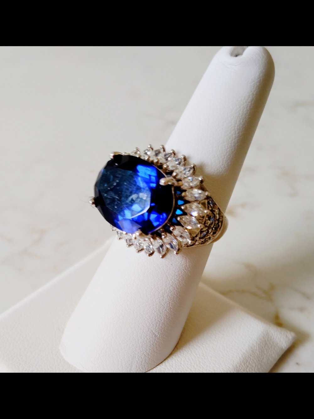 Lab Grown Blue Sapphire Oval Halo Ring East-West Princess Diana Sz 7 Sterling